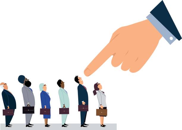 Giant managerial hand pointing at a man, standing in a line of employees, EPS 8 vector illustration